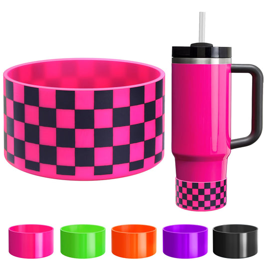 Neon Checkered Protective Silicone Boot for Stanley Tumbler 20-40oz, Made for Hydro Flask 12-24oz & Simple Modern 20-40oz, Antislip Sleeve for More Tumblers/Water Bottles of 2.8-3" Base, Electric Pink