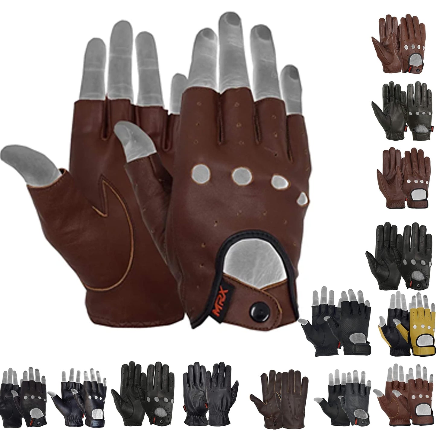 MRX BOXING & FITNESS Mens Driving Gloves Basic Soft Goat Leather Fingerless Breathable Biker Motorcycle Riding Cycling Shooting Button Gloves Half Finger, Brown (X-Large)