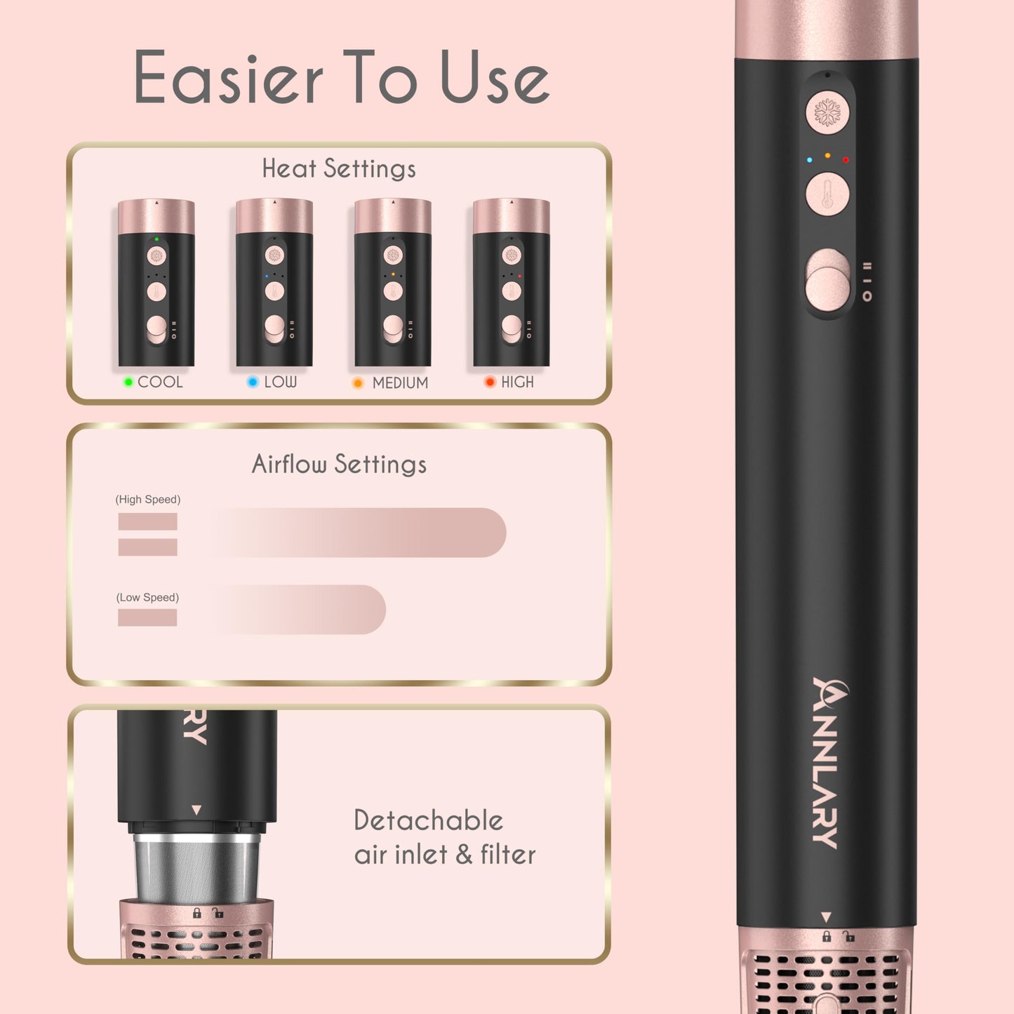 Annlary 5 in 1 Ionic Hot Air Styler, 1400W Powerful Hair Dryer Brush, Auto-Wrap Curlers, Paddle Brush for Fast Drying, Curling, Straightening, Volumizing with Travel & Storage Bag