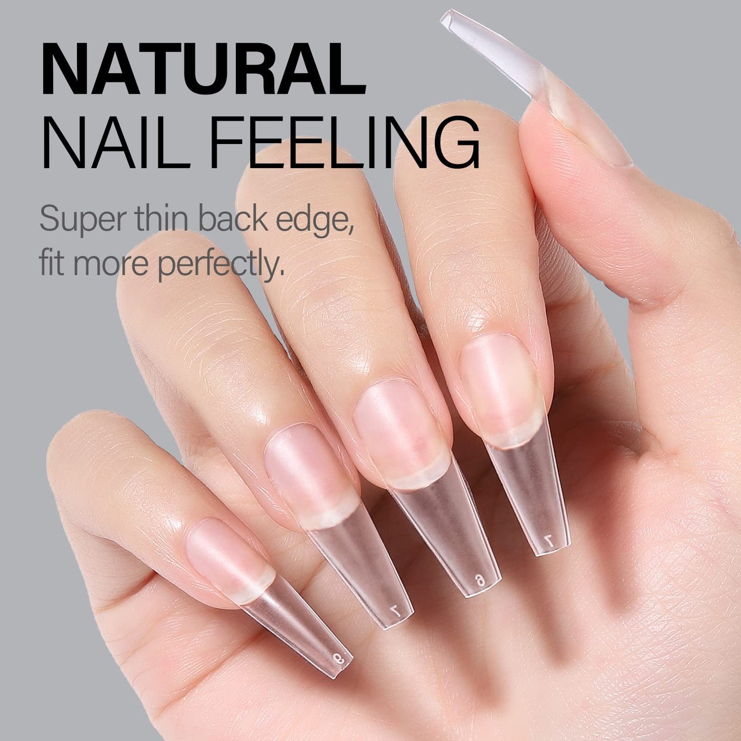 AILLSA Long Coffin Nail Tips - Upgraded Matte Soft Full Cover Gel Nails Tips No Filed, 240Pcs Pre-shaped Gelly Tips Acrylic Clear Fake Press On Nail Tip for Soak Off Nail Extension 10 Sizes