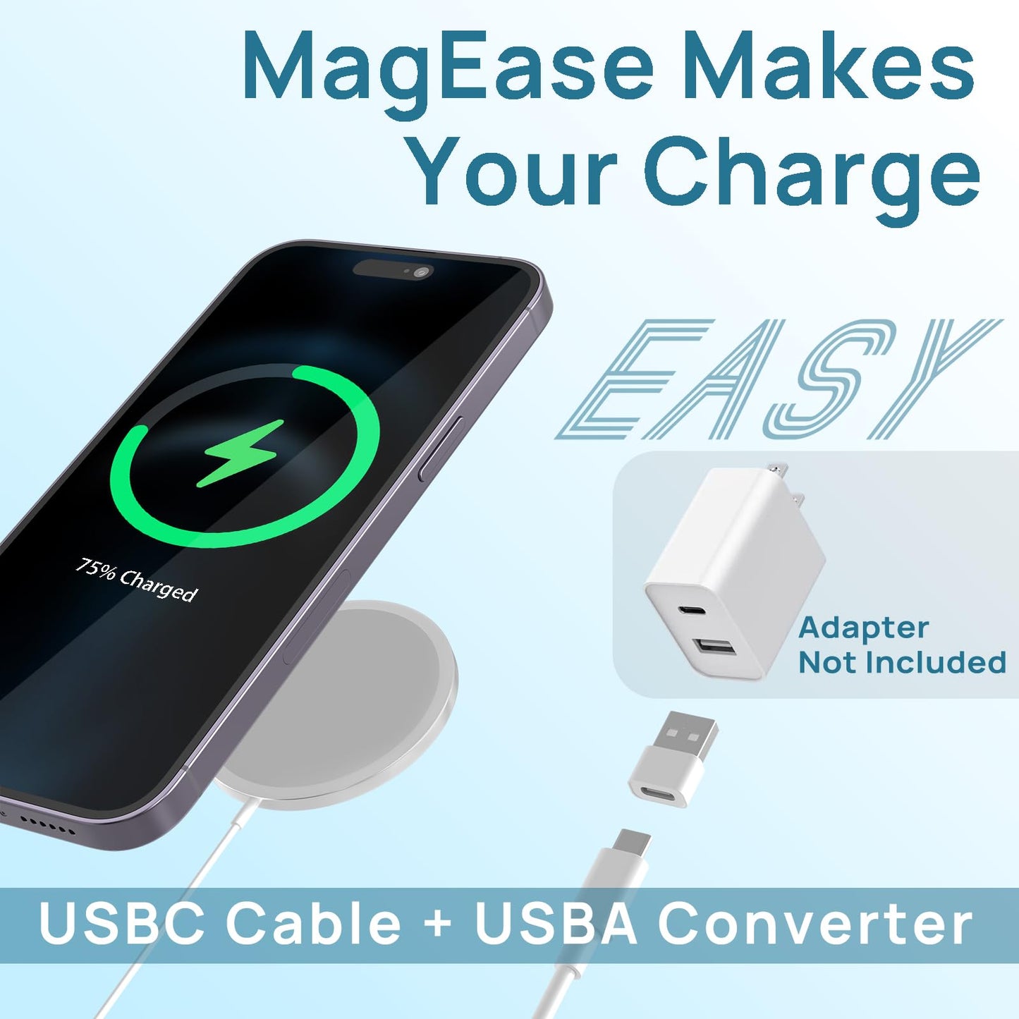 Magnetic Wireless Charger,MagEase 15W Wireless Charger Magnetic Compatible with iPhone 16 15 14 13 12 Series and AirPods 3/2/Pro, Charging Pad with USB-C Cable and USB-A Converter (White)