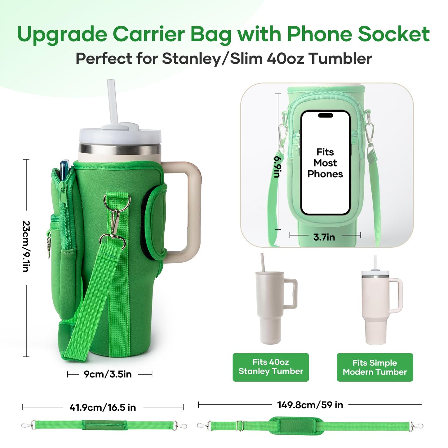 linmaya Water Bottle Carrier Bag with Phone Pocket for Stanley 40/30 oz Tumbler Neoprene Water Bottle Holder Pouch with 2 Adjustable Strap & 3 Leak Stoppers for Stanley Cup Accessories