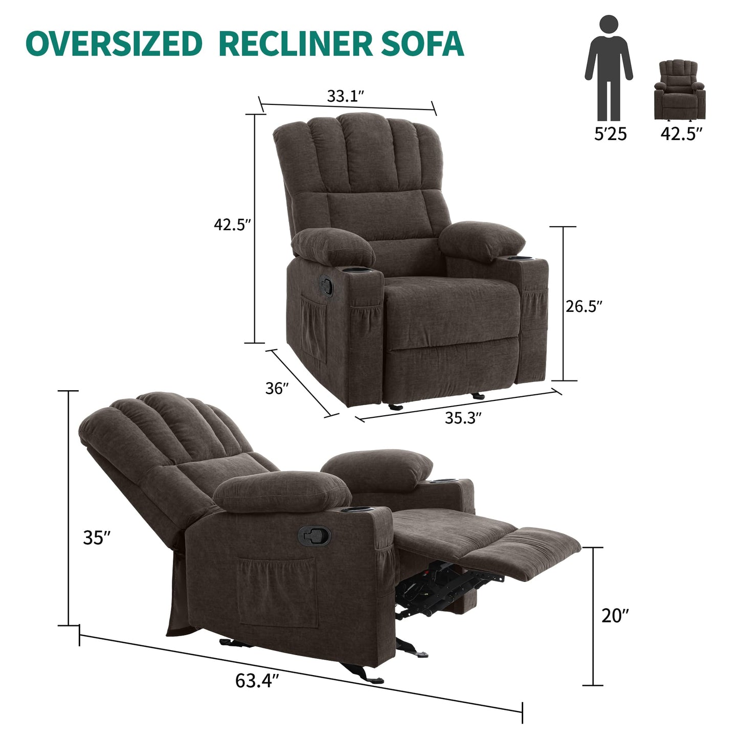 YITAHOME Glider Rocker Recliner Chair with Massage & Heat, 160° Manual Rocking Recliner Chair with USB Ports, Cup Holders & Side Pockets, Fabric Reclining for Elderly, Brown