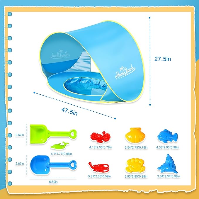 Monobeach Baby Beach Tent with Beach Sand Toys Pop Up Portable Shade Pool UPF50+ UV Protection Sun Shelter for Infant with Easy Set Up Canopy (Blue with Beach Sand Toys)