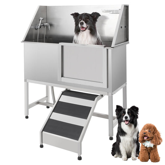OutdoorVibe 50 Inch Pet Grooming Tub with Ramp, Stainless Steel Washing Station, Dog Tub Faucet & Showerhead & Soap Holder Leash Dog Bathtub for Large & Medium & Small Pets (Left Door)