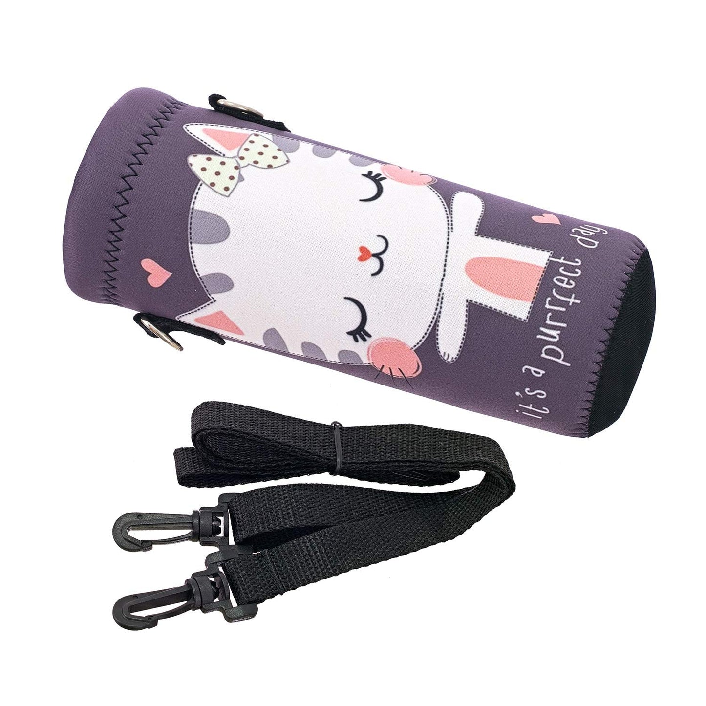 RICHEN Neoprene Water Bottle Carrier Bag with Adjustable Shoulder Strap,Insulated Water Bottle Cover for 500ml/16oz Stainless Steel/Glass/Plastic Bottles (Cute Cat,500ML)