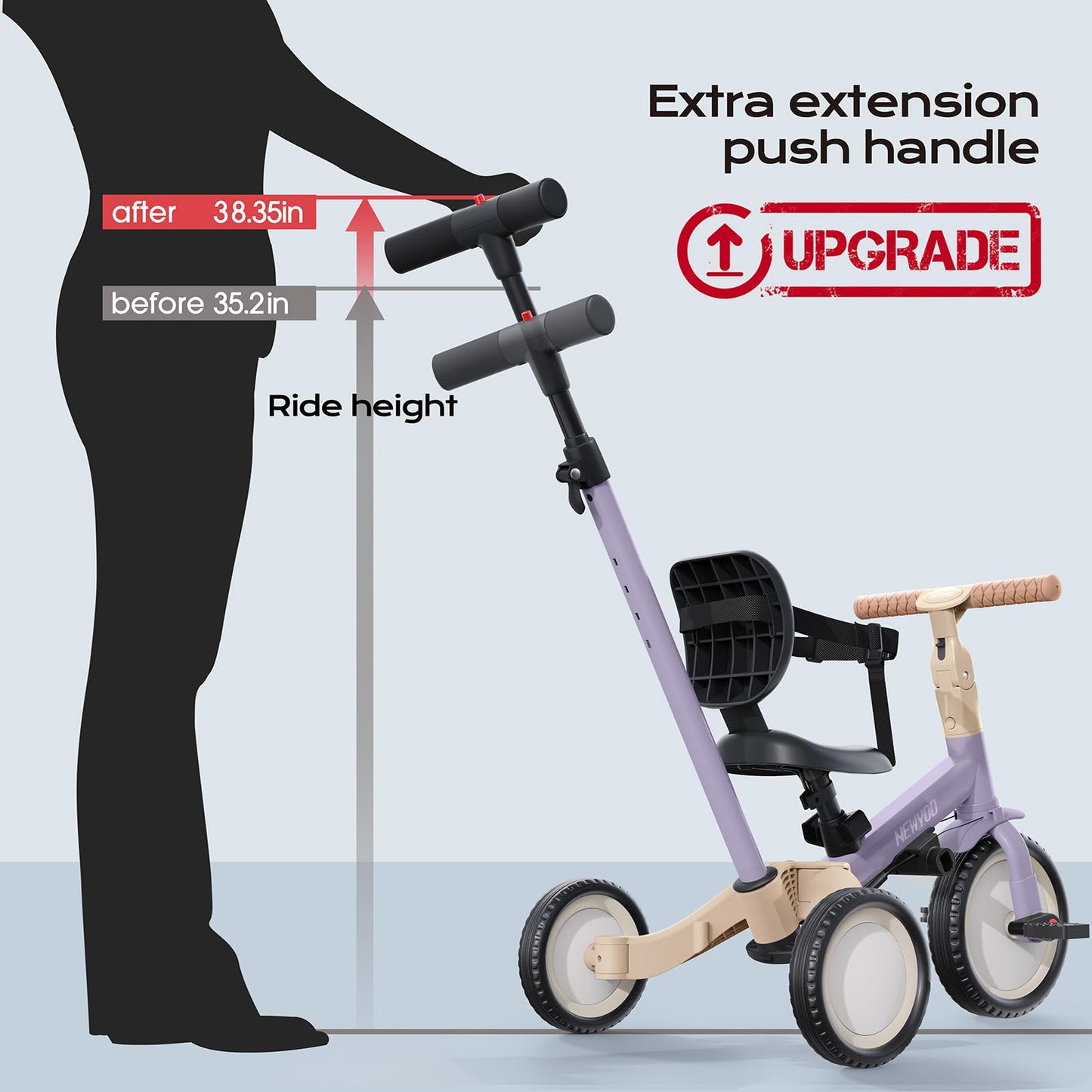 newyoo Toddler Tricycle with Push Handle for 1-3 Year Old, Toddler Bike, Birthday Toy for Boys & Girls, 5 in 1 Kids Trike, Balance Bike with Backrest & Safety Belt, Purple, TR007