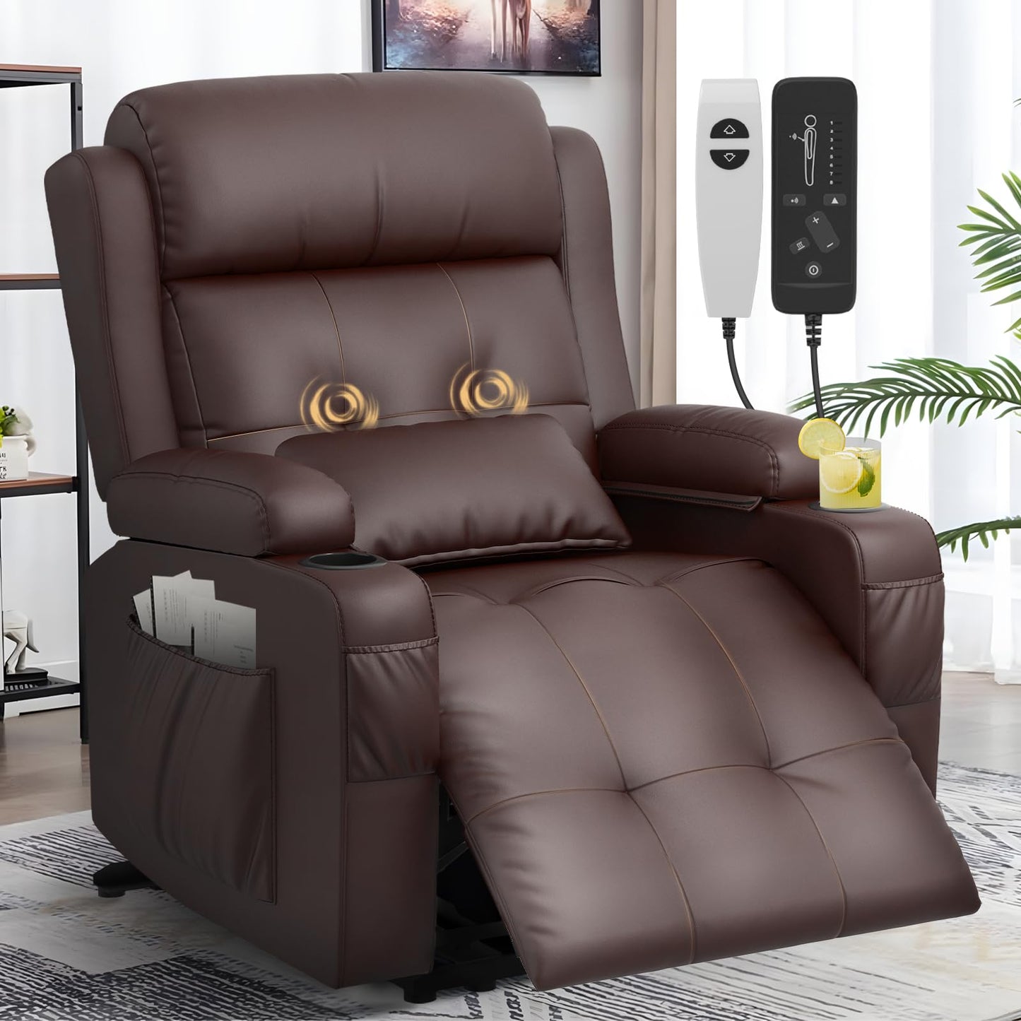 Aotolo Extra Wide Seat Recliner Chair with Heat and Back Massage, Electric Power Oversized Reclining Chair Infinite Position with Storage Armrests & 2 Cup Holders for Living Room, Manual Recliners
