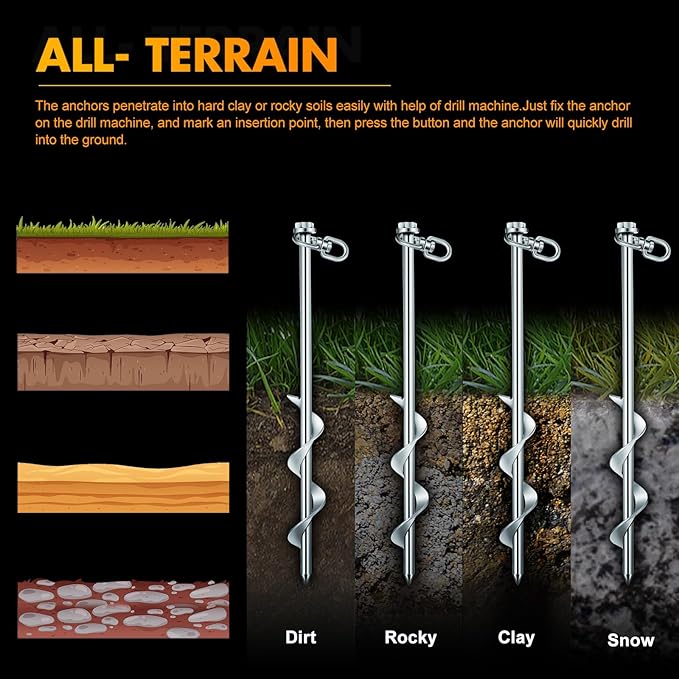 Hiboom Ground Anchor Screw Heavy Duty Earth Anchors Tent Stakes for High Wind with T Handle Hex Wrench Trampoline Hook Ground Stakes for Camping Canopies Car Ports Sheds (10 Pcs,Silver,12 Inch)