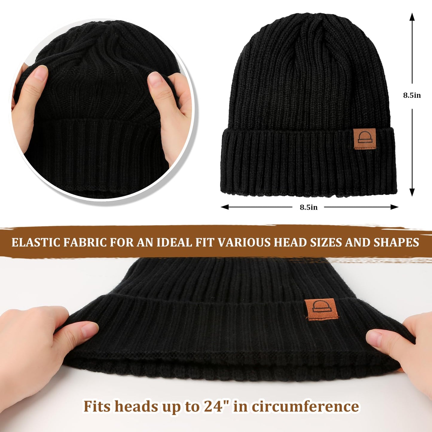 Amzjjle Fashion Knit Beanies Hats, Black Mens Beanies, Warm Beanie for Women, Beanies Hats for Winter, Fleece Lined Beanie, Thermal Thick Polar Fleece Snow Skull Cap for Men and Women
