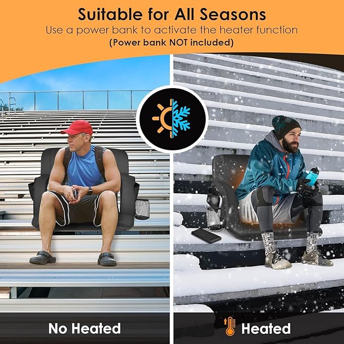 HOPERAN 2pcs Dual-Sided Heated Stadium Seats for Bleachers with Back Support, 3 Levels Heating Stadium Seating for Bleachers Seat with Backrest, 5 Pockets Portable Stadium Chair for Outdoor