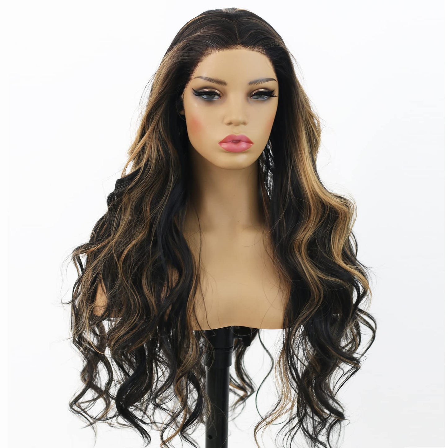 ANDRIA Highlight Brown Lace Front Wig Loose Wave with Baby Hair Dark Roots Ombre Brown Glueless Black and Brown Long Body Wave Synthetic Heat Resistant Fiber Colorful Wigs for Black Women
