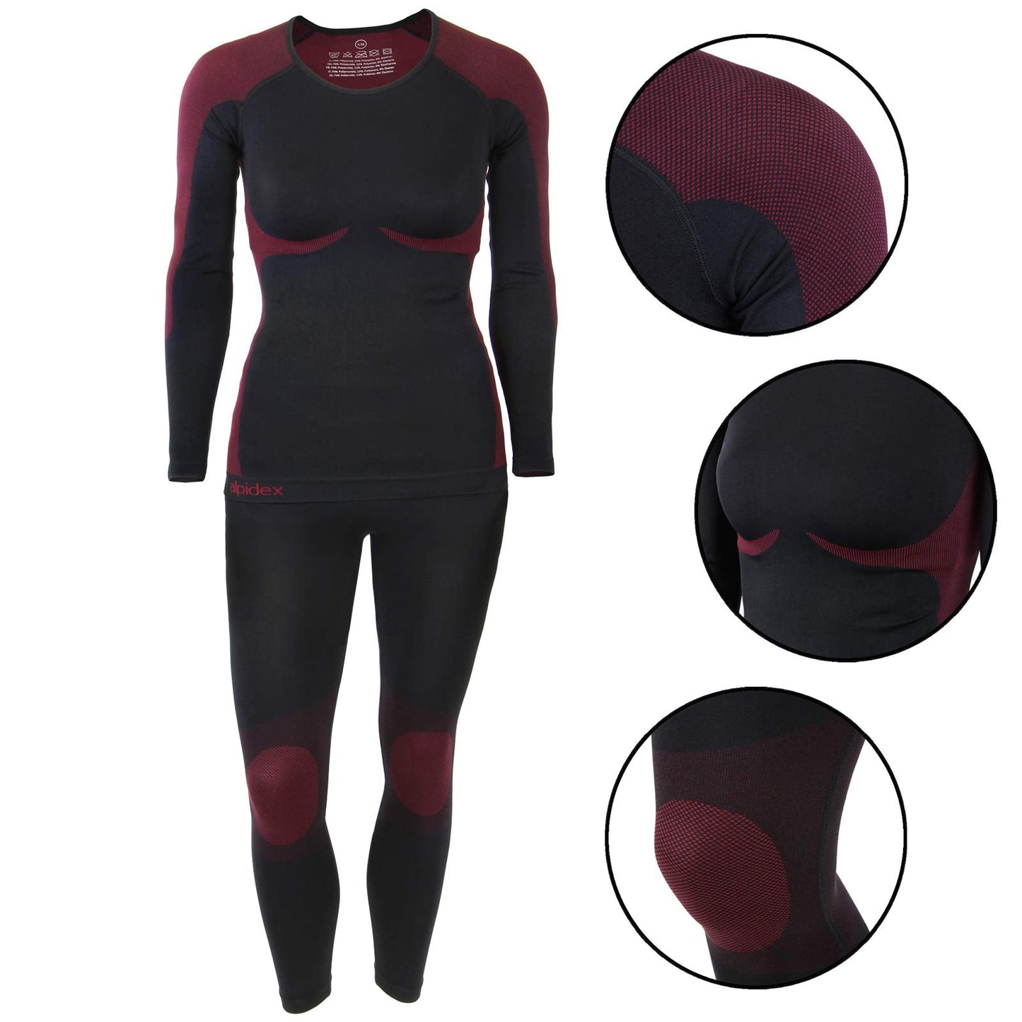 ALPIDEX Functional Wear Thermal Underwear Woman Ski Breathable Quick Drying Clothing Warm Base Layer Ladies Cold Weather Set Long Johns Top Bottom, Size:2XL/3XL, Colour:Black-Red