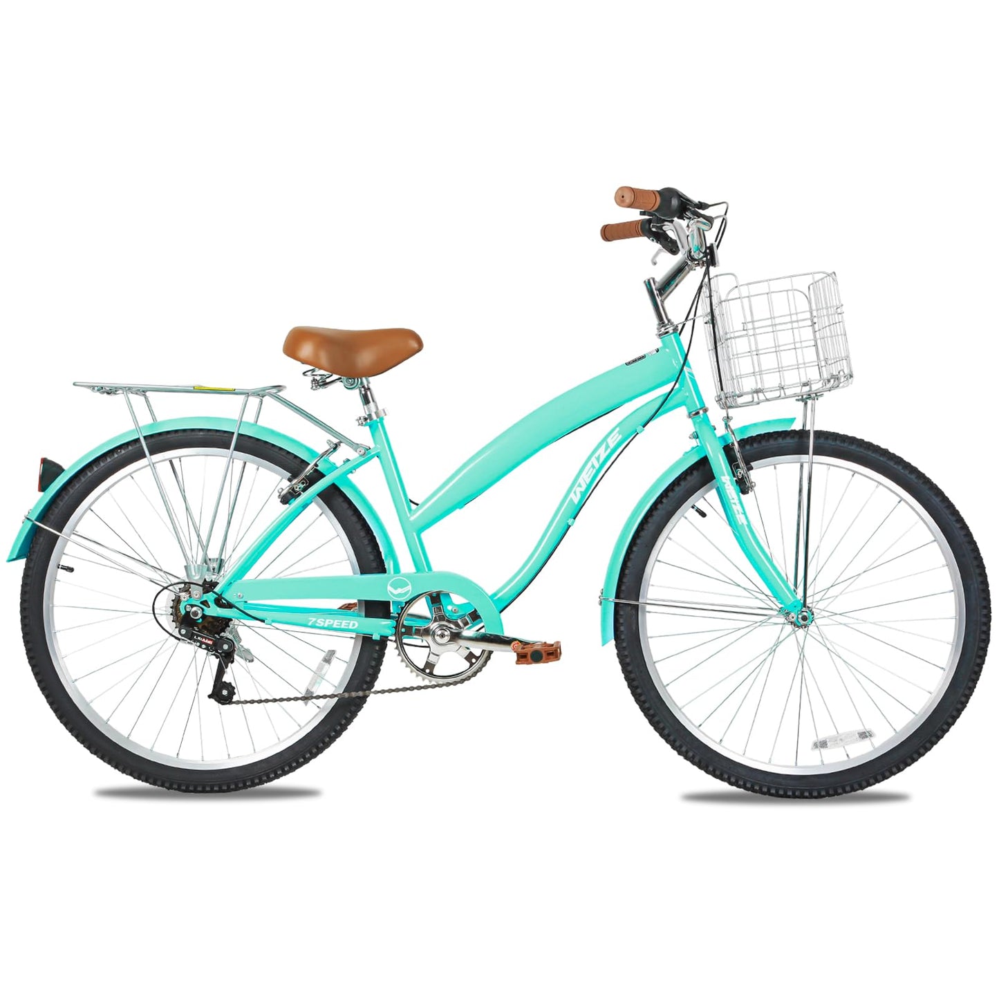 WEIZE Beach Cruiser Bike, 26 inch Commuter Bicycle for Adult Men and Women, 7-Speed/High-Carbon Steel/Front & Rear Fenders, Comfortable City Bikes with Rear Rack&Basket, Ergonomic Upright Design,Teal
