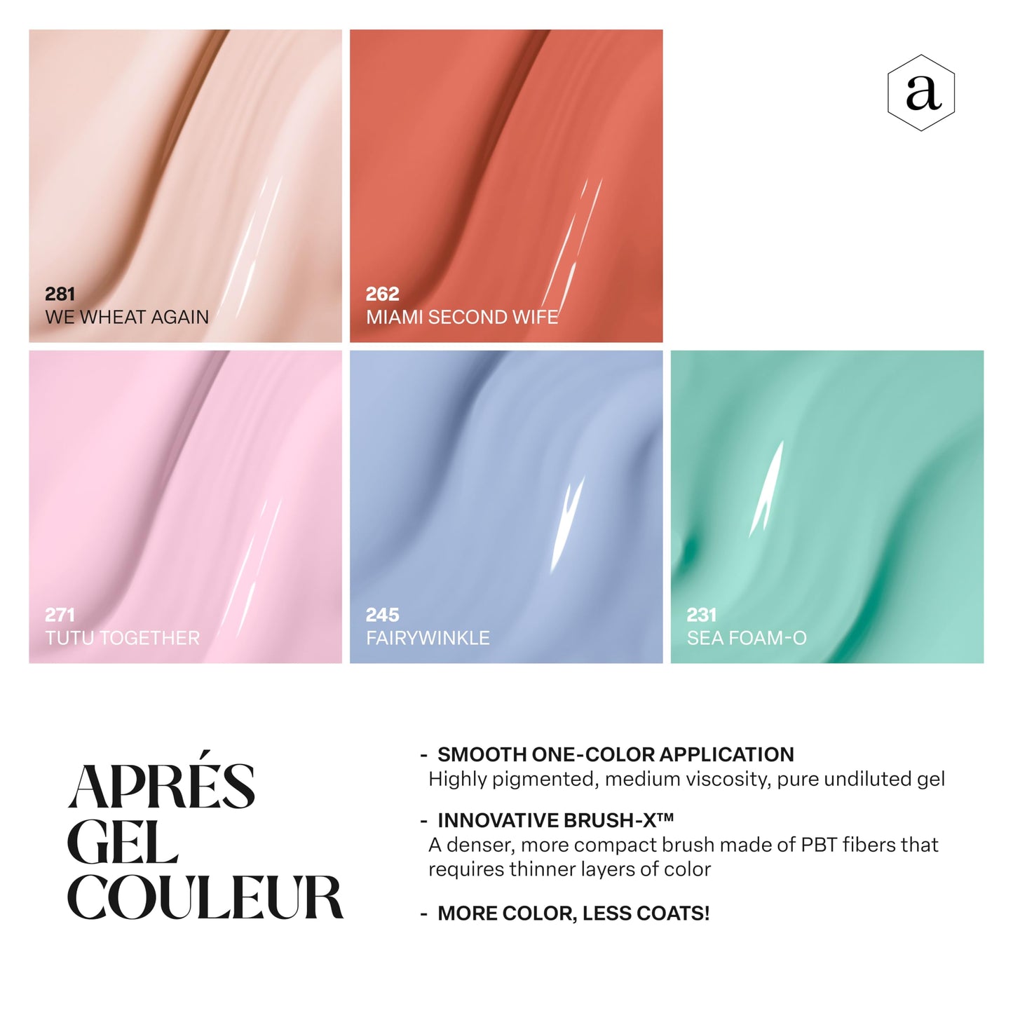Apres Gel Couleur Combo Set, 5 Color Gel Nail Polish, Bright Nude Pastel Colors with Brush-X Nail Art Brush, 2024 Edition (Set 16)