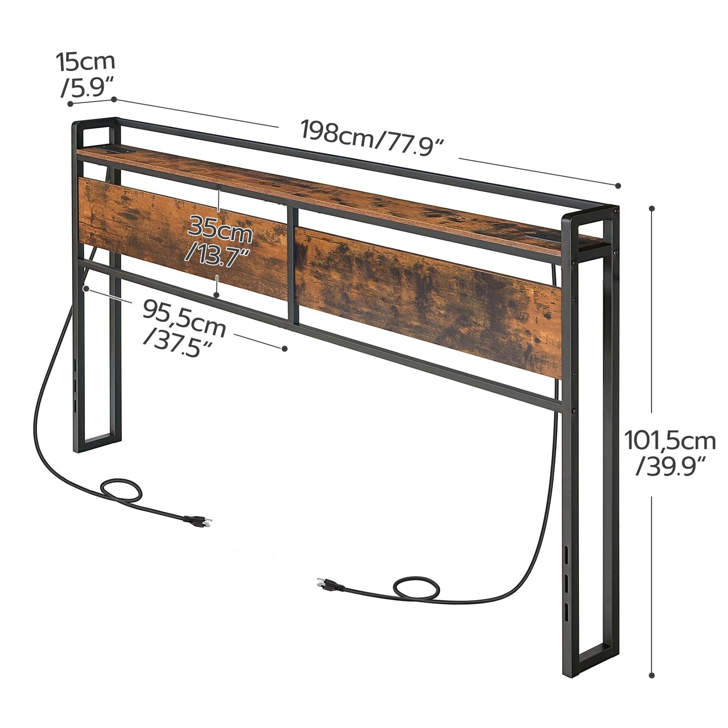 HOOBRO King Size Headboard, Headboard with 2 Outlets and 4 USB Ports, Adjustable Height, Storage Rack, Sturdy and Stable, Easy Assembly, Rustic Brown and Black