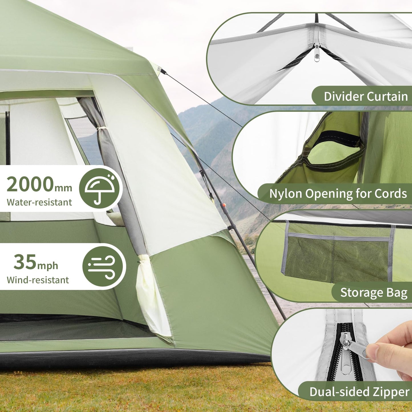 Outvita Camping Tent - 4/6 Person Waterproof, Portable Backpacking With Instant Setup, Double Fabric for Family Camping, Hiking, Outdoor - Set Up Within 60 Seconds, Army Green