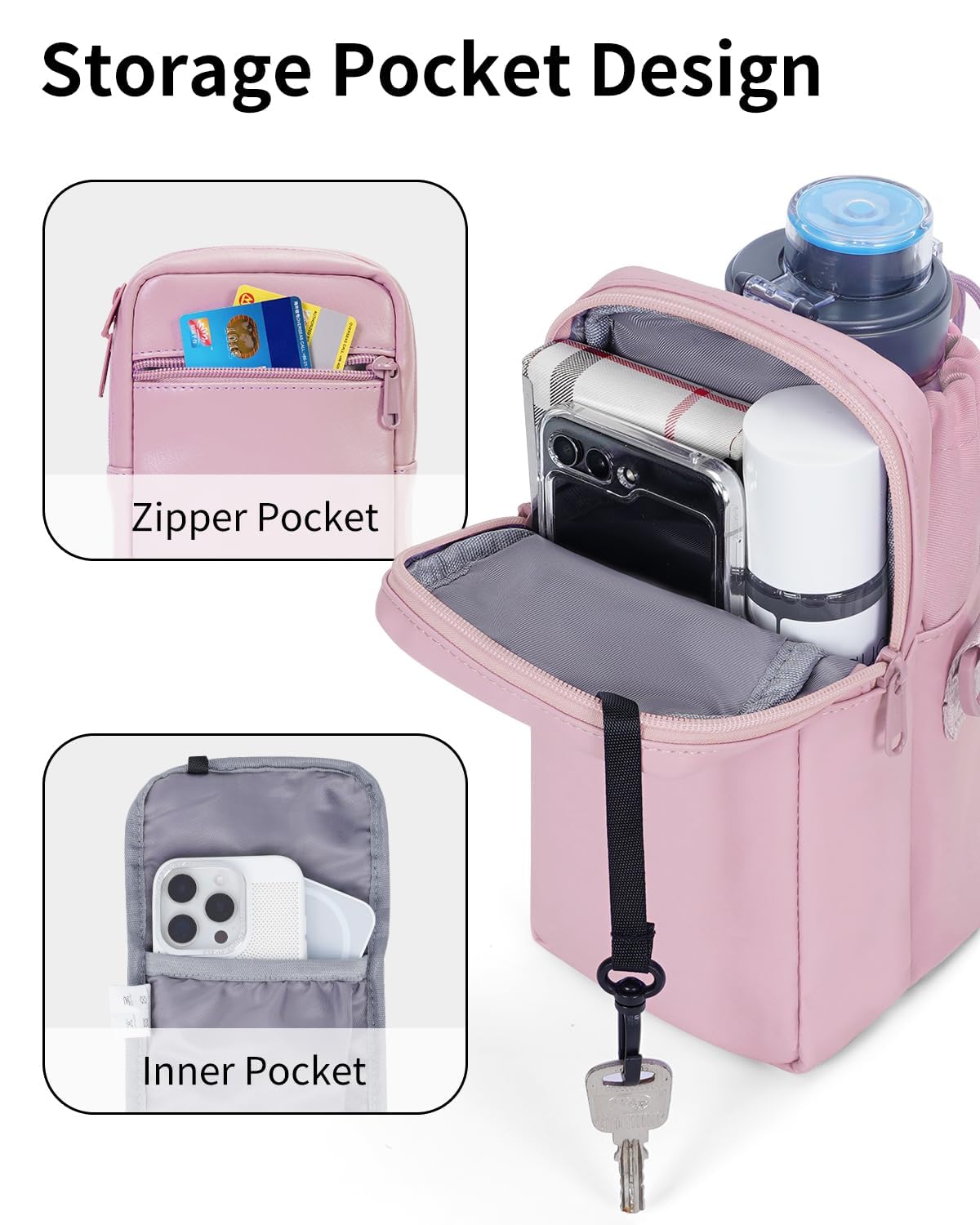 Wandering Nature Water Bottle Holder with Strap 32oz Insulated Water Bottle Carrier Sling Bag with Phone Pocket Water Bottle Pouch for Hiking Walking, Pink(Patent Pending)