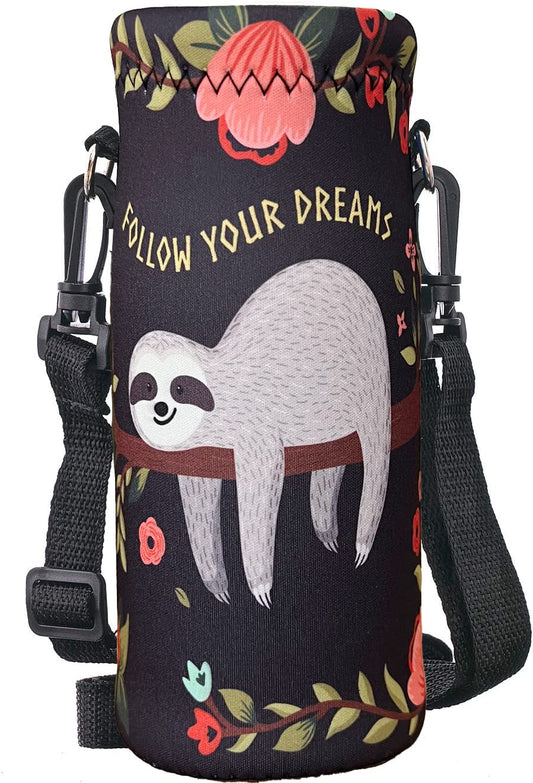 RICHEN Neoprene Water Bottle Carrier Bag with Adjustable Shoulder Strap,Insulated Water Bottle Cover for 500ml/16oz Stainless Steel/Glass/Plastic Bottles (Sloth,500ML)