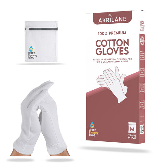 AKRILANE Medium 2 Pairs Cotton Moisturizing Gloves for Dry Hands | Eczema, Psoriasis & Skin Spa Treatment for Women & Men | Washable & Reusable with Free Laundry Bag