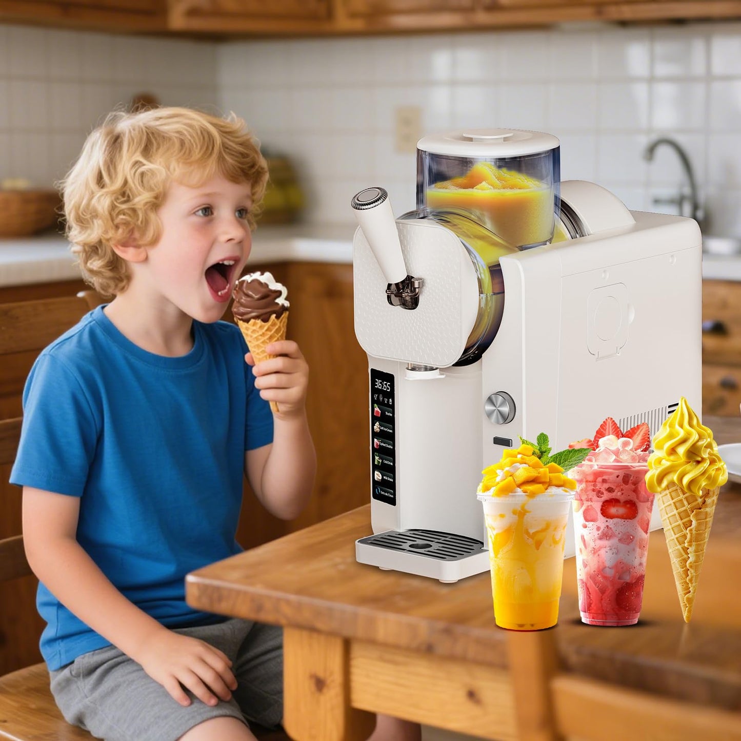 Ice Cream Maker, Soft Ice Cream Machine Makers & Slushy Machine for Home, for Smoothies, Milkshakes, Cocktails, and Various Flavors of Ice Cream, Frozen Yogurt or Gelato, with Adjustable Thickness