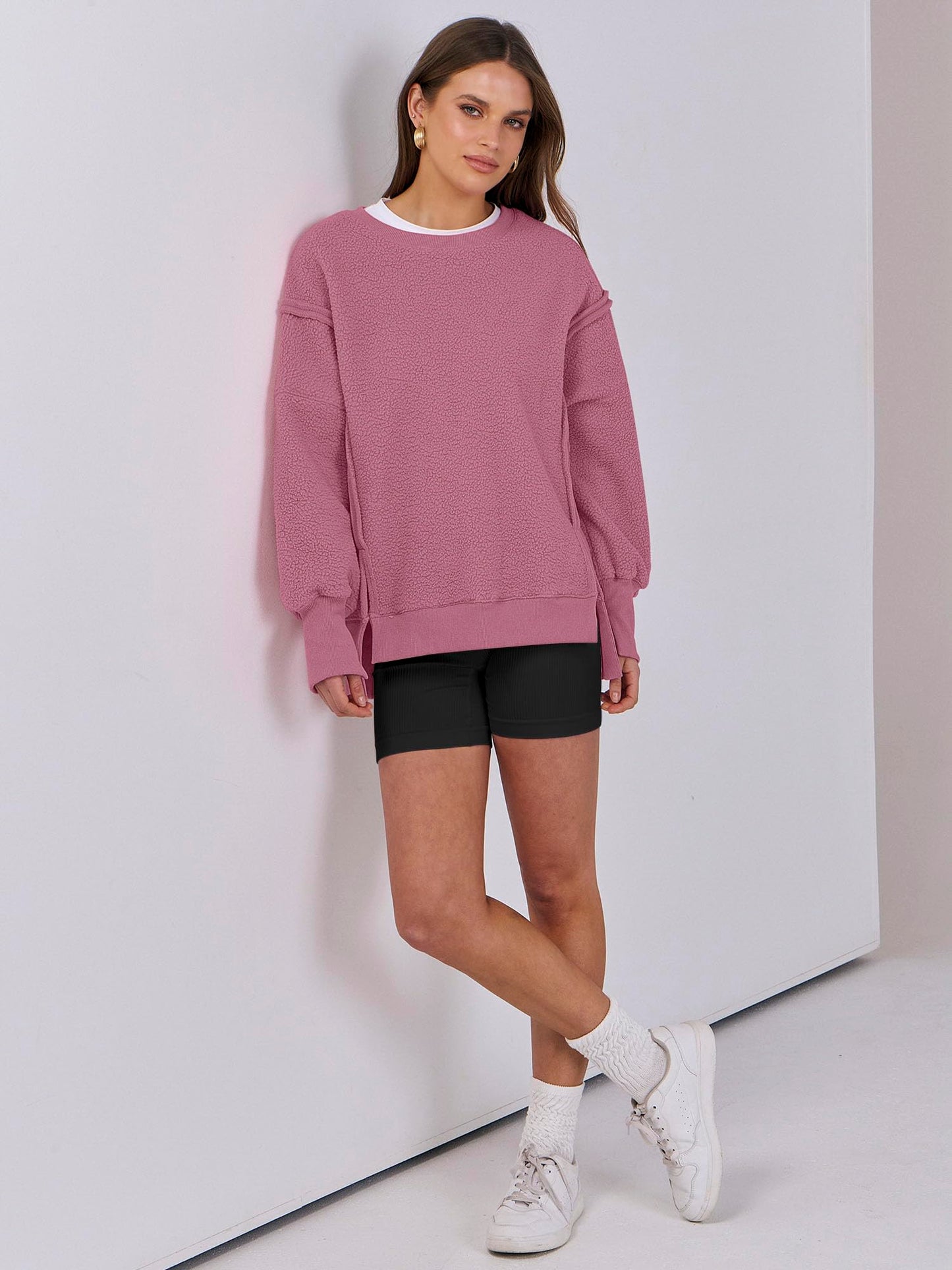 ANRABESS Womens Oversized Sherpa Sweaters Pullover Fuzzy Fleece Sweatshirts Crewneck 2024 Winter Long Sleeve Warm Outfits Pink Small