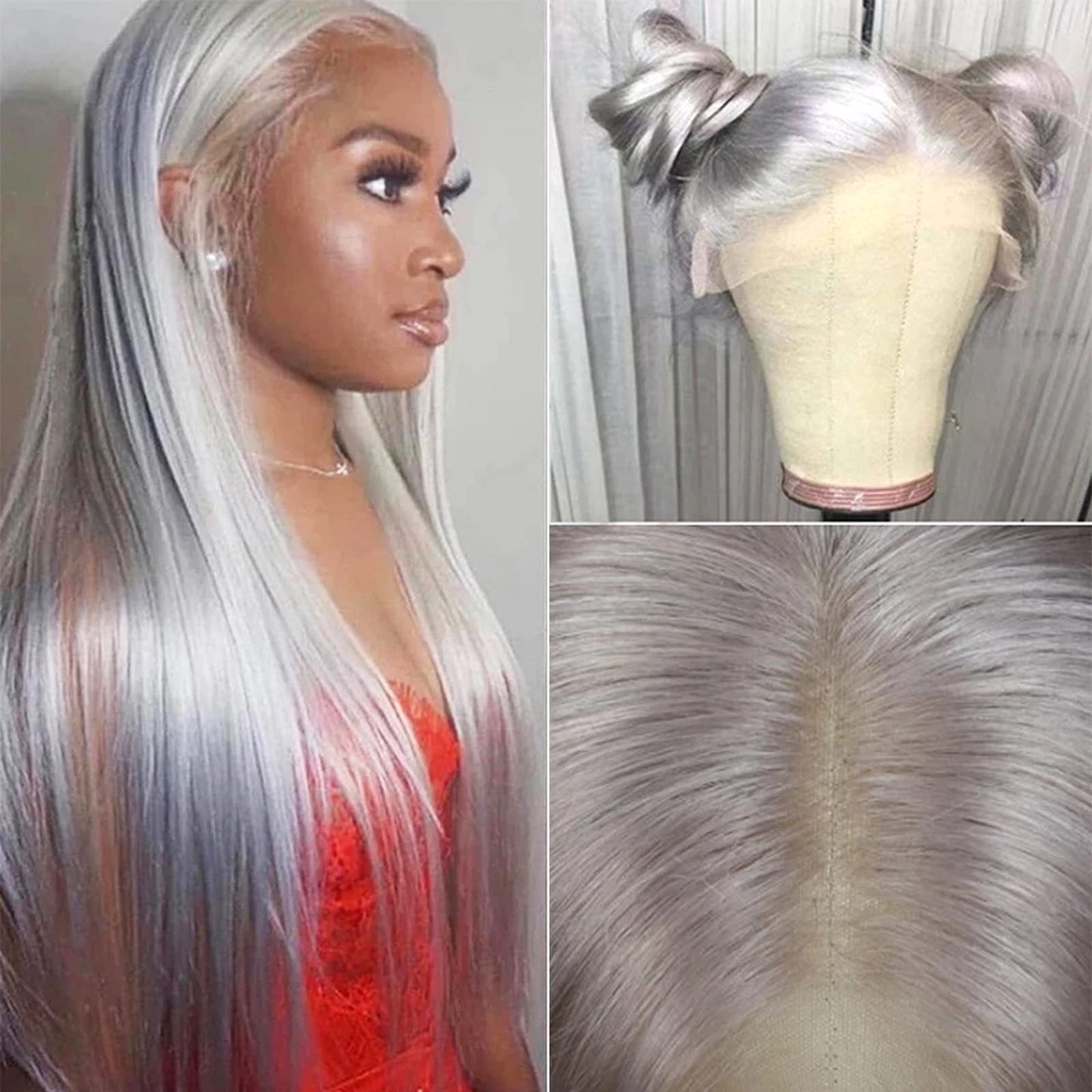 ANDRIA 13X4 HD Lace Front Wigs Straight Hair Glueless Lace Wigs Synthetic Long Silk Straight Natural Wig 200% Density Grey Wig Pre Plucked Lace Frontal Wigs With Baby Hair For Black Women 26 Inches