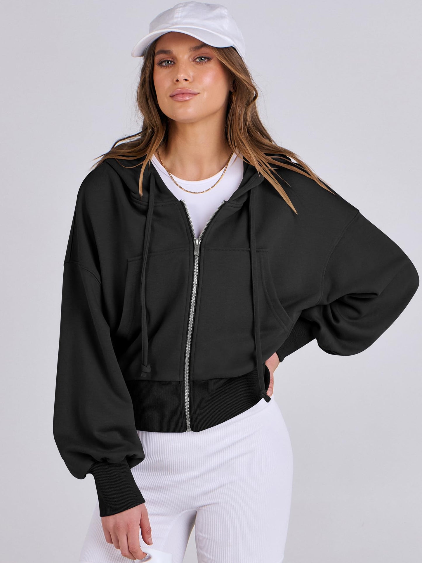 ANRABESS Women's Zip Up Hoodies Cropped Sweatshirts Full Zip Jackets 2024 Casual Fashion Fall Outfits Winter Clothes Black Medium