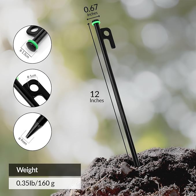 Pack 8 Tent Stakes Heavy Duty Metal, 12-inch Camping Stakes - Unbreakable Tent Pegs with Glow Ring for Enhanced Visibility, Durable Ground Stakes for Outdoor Adventures