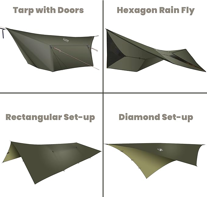 onewind 12ft Hammock Tarp, Ultralight Tarp Lightweight and Waterproof Silnylon Hammock Rain Fly, Versatile Camping Tarp with Doors, Easy to Setup with Stuff Sack, Tent Stakes, Dark Grey