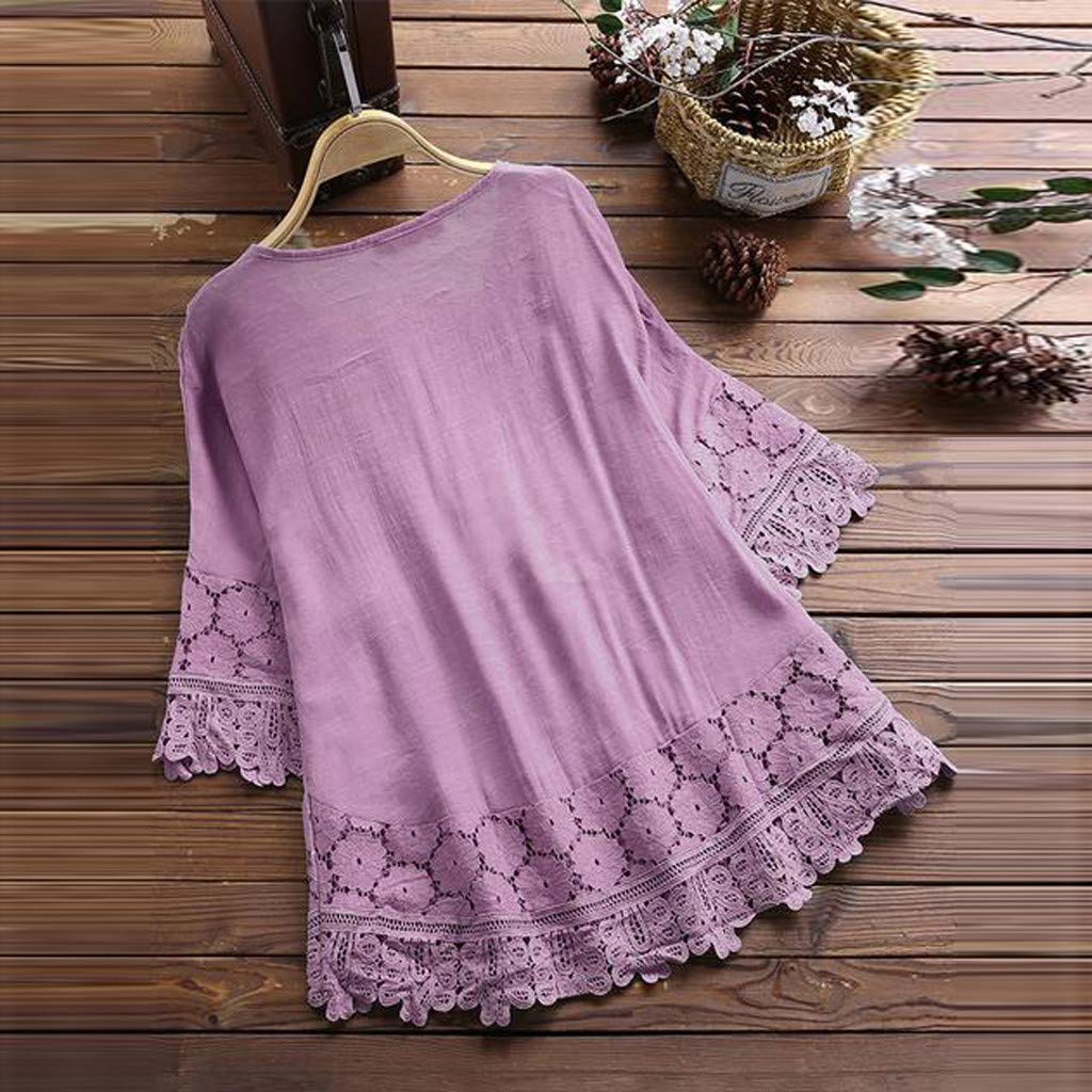 Aniywn Women Round Neck Lace Up Lace Patchwork Flare Pullover Top Casual Plus Size 3/4 Sleeve Floral Printed T-Shirt Purple