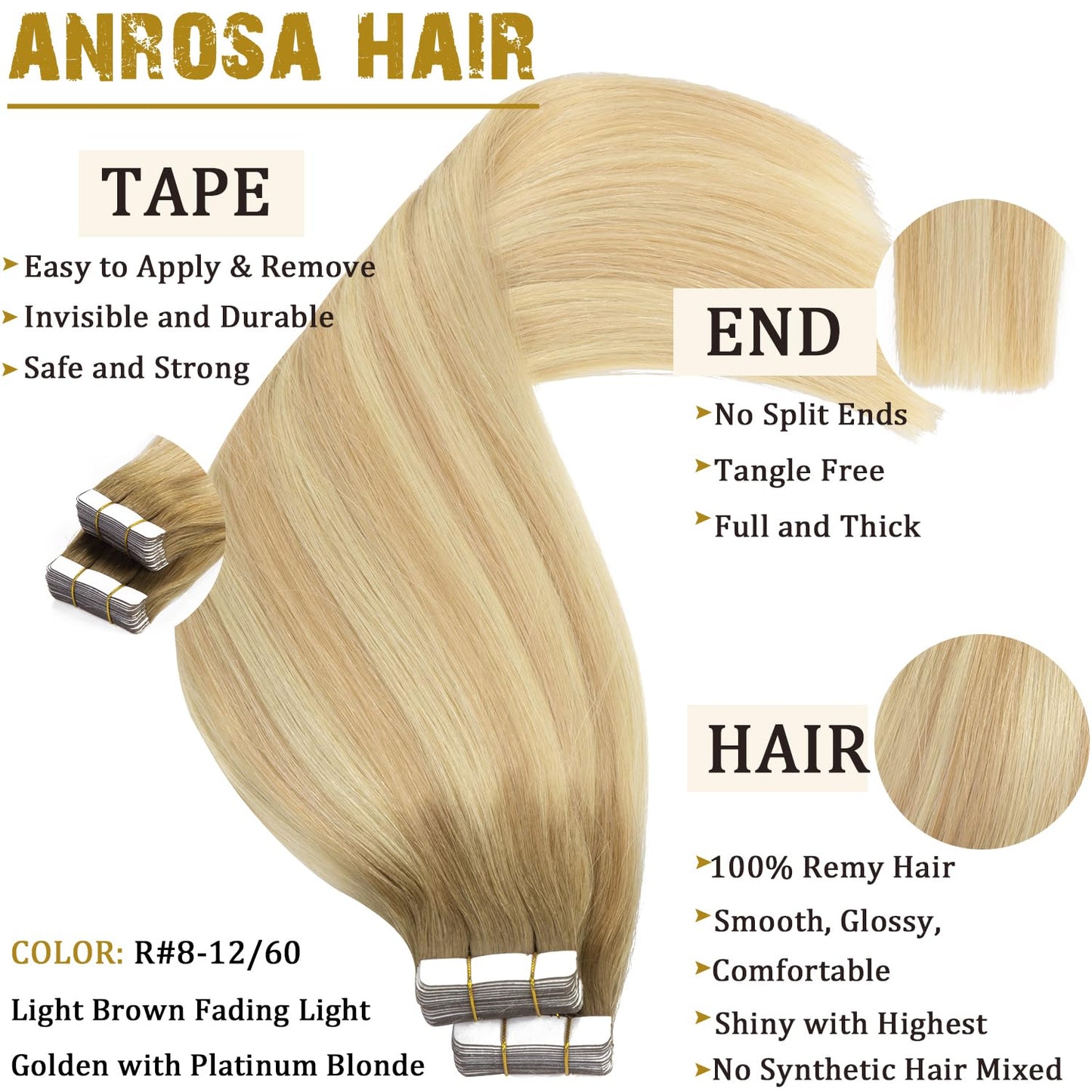 Anrosa Tape in Human Hair 14 Inch Balayage Seamless Tape On Hair Skin Weft Hair Extensions Color 8 Ash Brown Fading to 12 Dark Dirty Blonde Highlight 60 Platinum Straight Hair 50 Gram Brazilian Hair