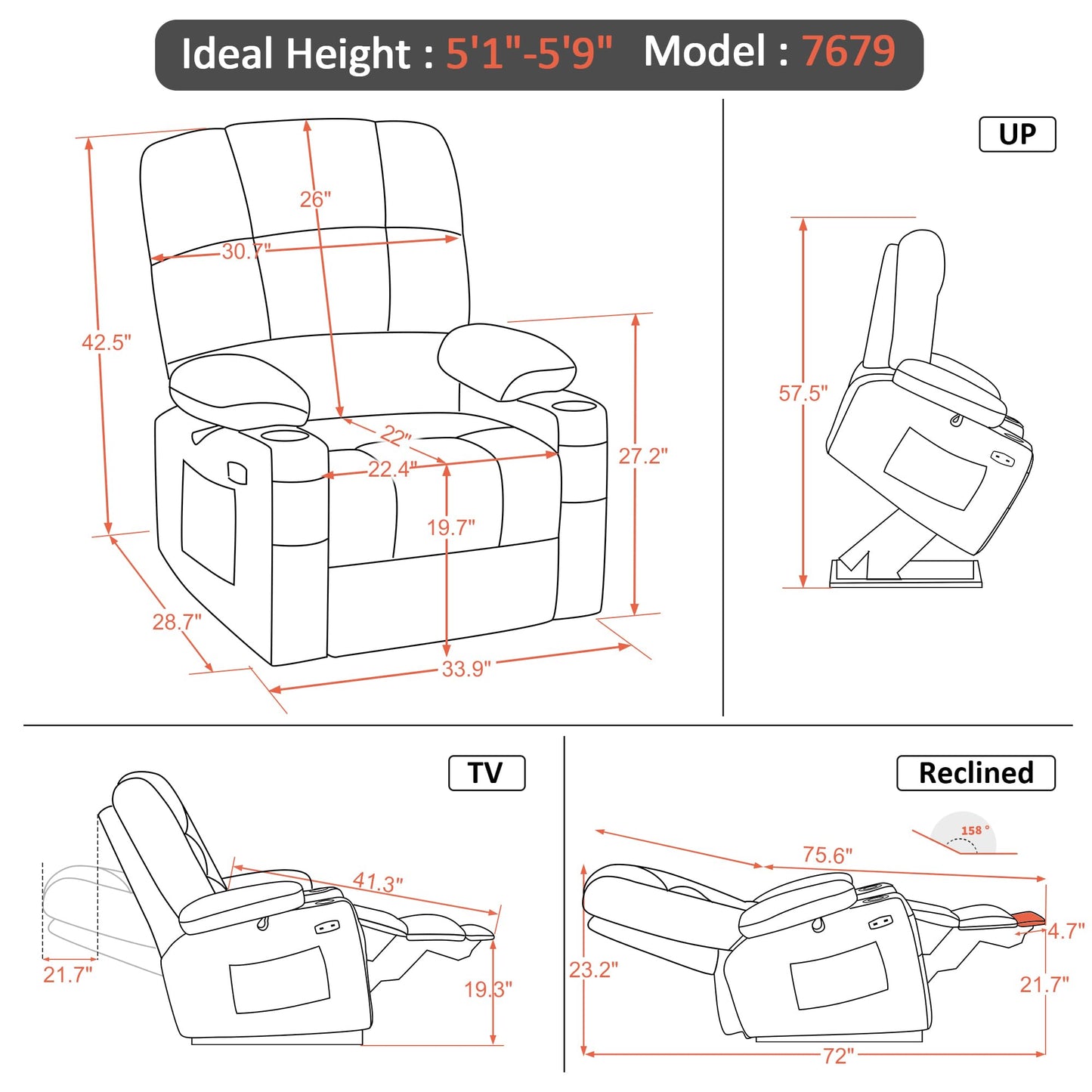 MCombo Medium Lay Flat Dual Motor Power Lift Recliner Chair Sofa with Massage and Heat for Elderly People, Infinite Position, Faux Leather 7679 (Cream White, Medium)