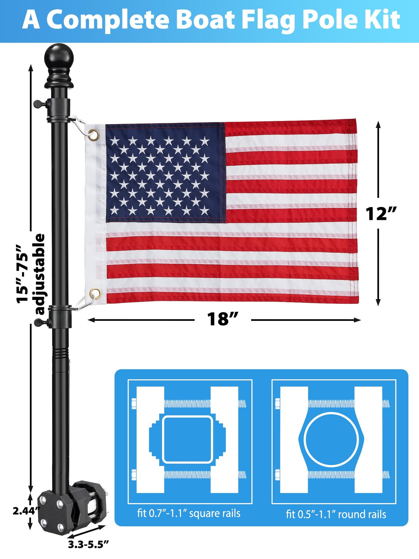 Boat Flag Pole, Pontoon Boat Accessories Flag Pole Kit, 75 in Flag Pole with 12”x18” American Flag, Adjustable Holder Mount, Tangle Free Rings, Metal Black Marine Flags Pole Fit 0.5”-1.1” Yacht Rails