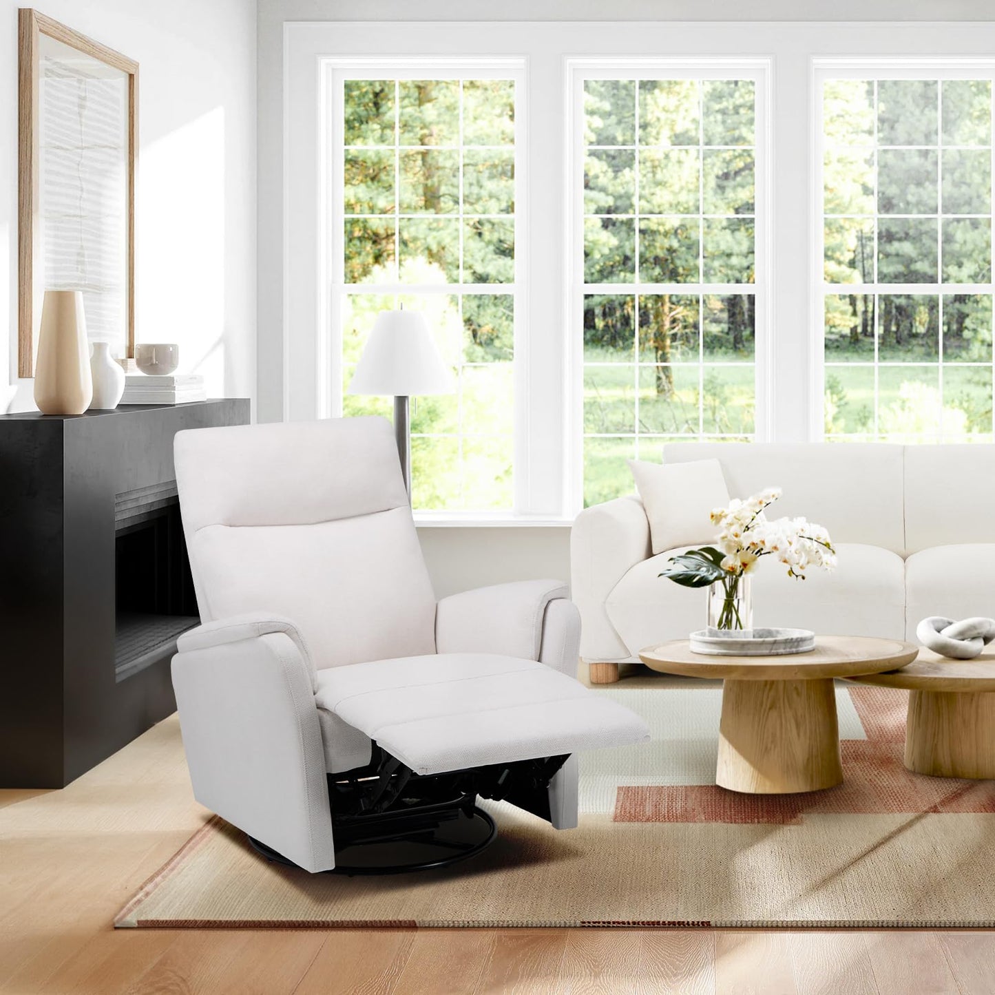 COLAMY Swivel Rocking Recliner Chair, Nursery Rocker Glider Recliner with Extra Large Footrest, Deep Seat, High Back, Upholstered Fabric Reclining Single Sofa for Living Room-White