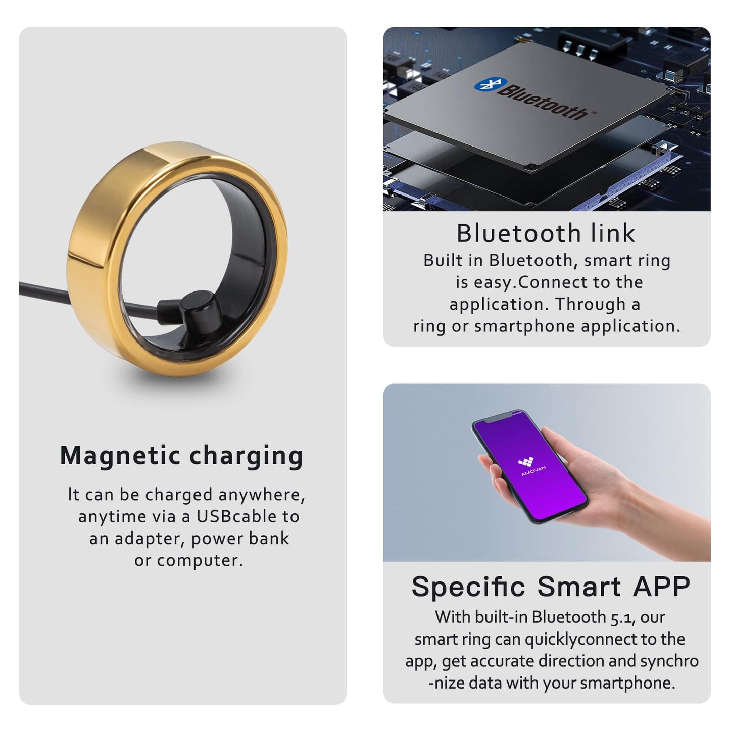AMOVAN Smart Ring, Health Tracker for Monitor Health, Sleep Tracking Wearable and Heart Rate Fitness Blood Oxygen, IP68 Waterproof, Compatible with iOS and Android