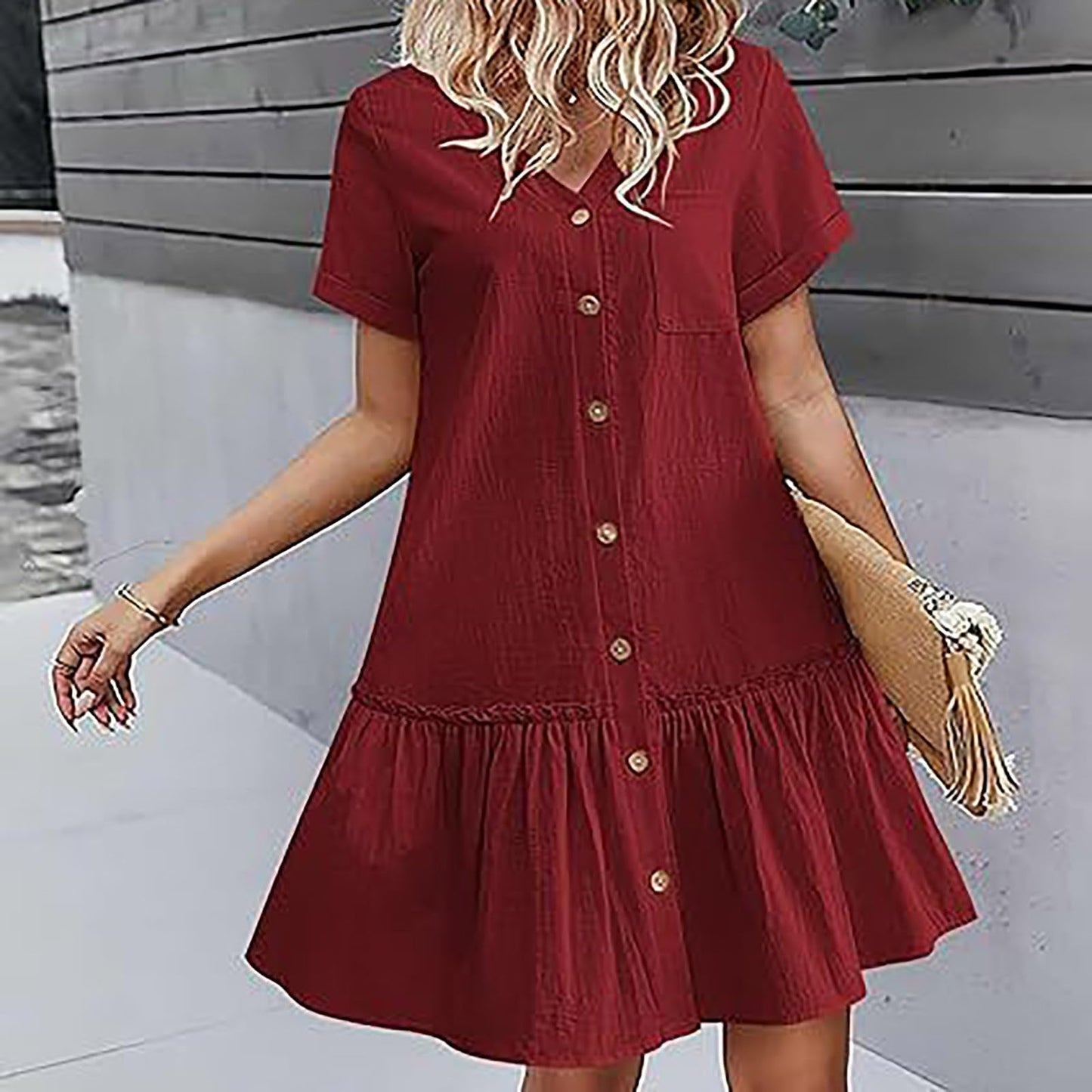 Aniywn Button Dresses for Women 2024 Casual Loose Summer Cotton Linen Dress Ruffle Hem Casual Dress Short Sleeve Tunic Dress