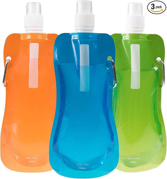 Clever Creations Collapsible Sports Water Bottle 3 Pack, Foldable Leak Proof Travel Bottles for Camping and Hiking, 480 mL Capacity, Blue, Orange, and Green