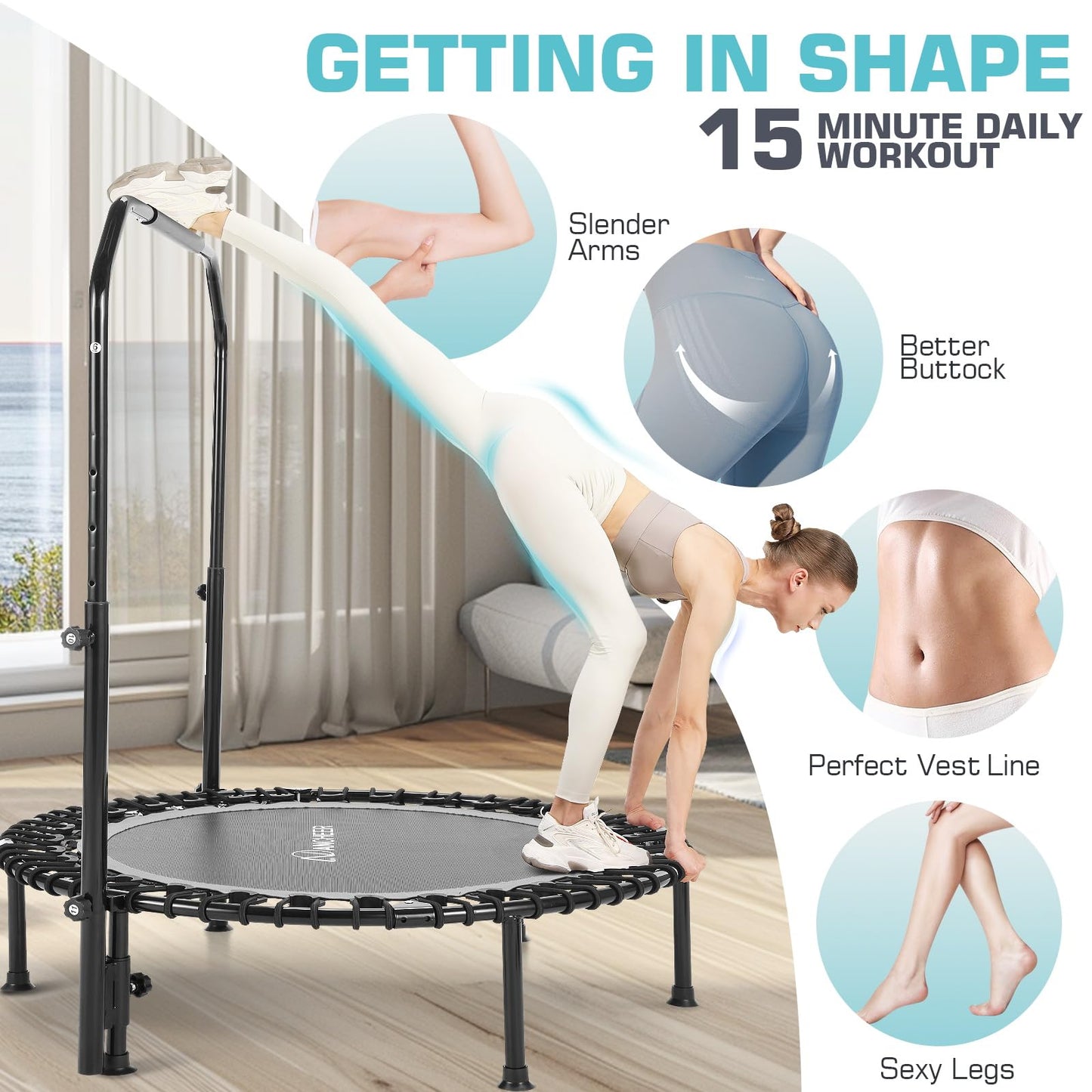 ANCHEER 40" Foldable Mini Trampoline - Max Load 350lbs - 450lbs Indoor Trampoline - with 4 Level Adjustable Foam Handle and Resistance Bands - Adult exercise trampoline for Home,Gym and Garden(Silver)