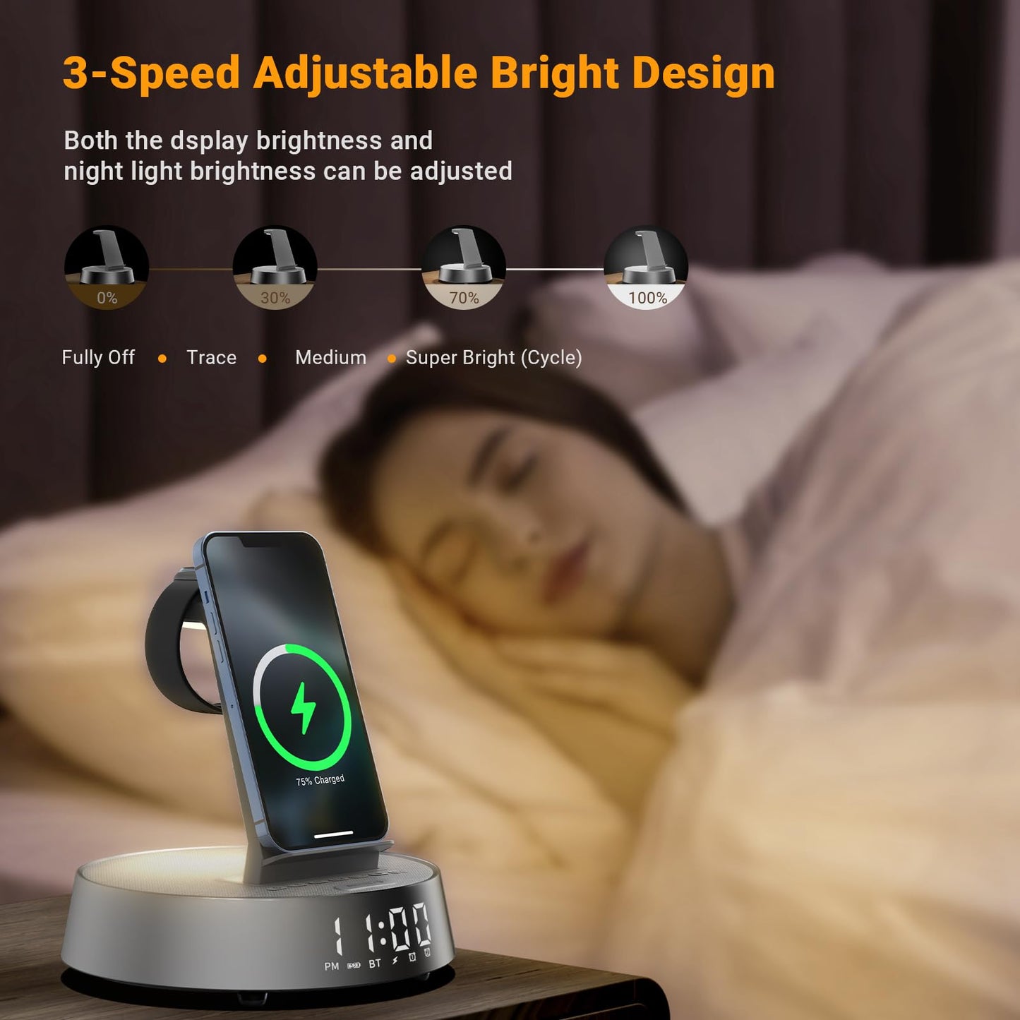 Alarm Clock Charging Station for Bedrooms, Wireless Charging Station with Dimmable Night Light Bluetooth Speaker, Mag-Safe Charger for iPhone 16 15 14 13 12 Pro Max, Apple Watch, AirPods Pro