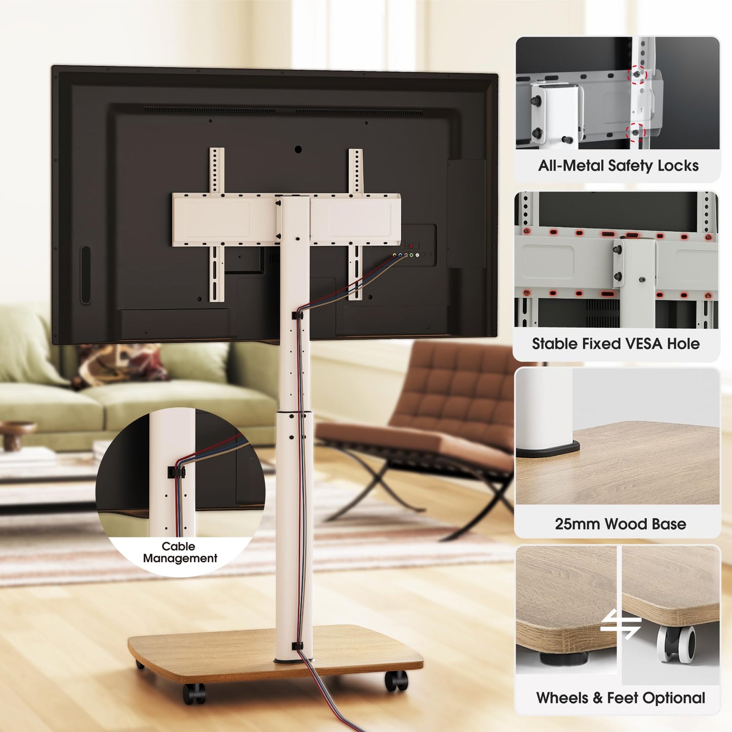 AOKCOS Rolling TV Stand for 43 50 55 60 65 70 75 Inch TVs, Portable Mobile TV Stand on Wheels, 10-Level Height Adjustable TV Cart with Swivel & Tilt Mount for Bedroom/Living Room/Office/Corner