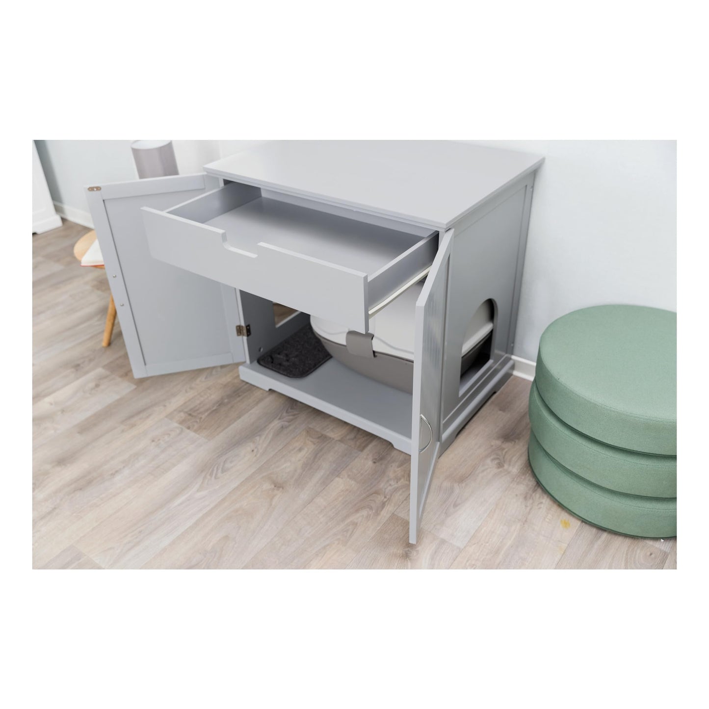 TRIXIE XL Wooden Litter Box Enclosure (Gray), Hidden Litter Box for Cats Furniture-Style, Openings on Either Ends & Large Ventilations Slots, Double Doors for Easy Cleaning, Built-in Drawer
