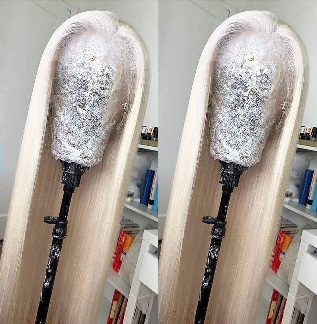 ANDRIA 13x6 HD Lace Front Wigs 200% Density Platinum Blonde Straight Glueless Lace Wigs White Lace Frontal Wigs for Women Synthetic Heat Resistant Fiber Hair Wig With Baby Hair Pre Plucked 28 Inches