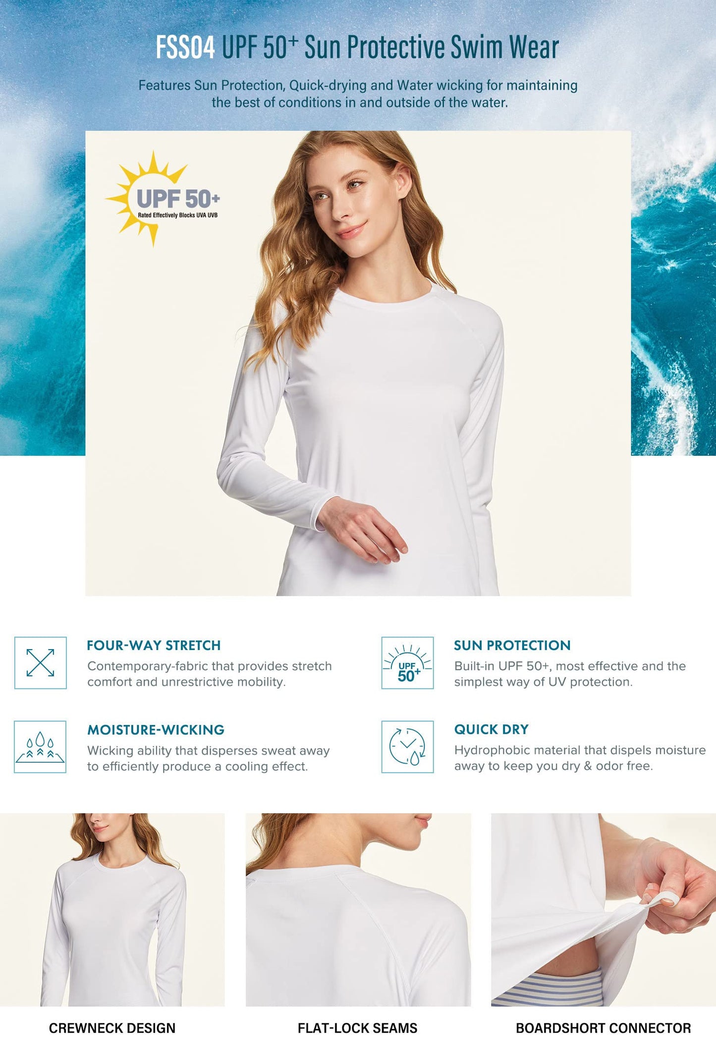 TSLA Women's UPF 50+ Long Sleeve Rash Guard Swim Shirts, UV Protection Sun Shirts, Regular-Fit Quick Dry Water Shirts, Sun Block Long White, X-Large