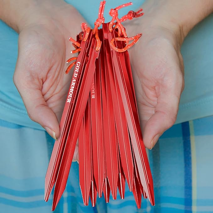 Gold Armour Tent Stakes - 12 Pack Heavy Duty, Lightweight, Camping Stakes Pegs for Outdoor Tent and Tarp, Essential Camping Gear Equipment Accessories (Red)