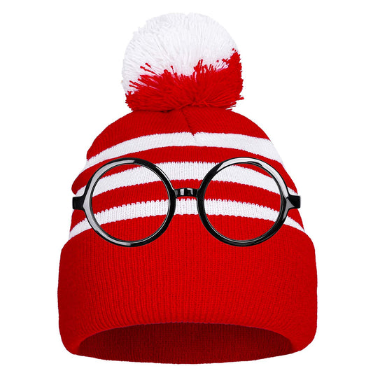 Aneco Halloween Red White Knit Beanie with Pompoms Nerd Costumes Glasses for Men and Women
