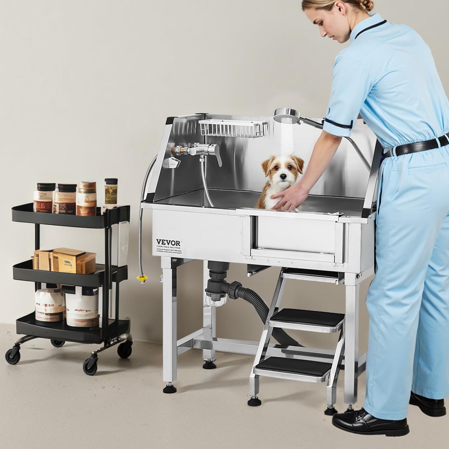 VEVOR Stainless Steel Dog Washing Station, 34 inch Pet Grooming Tub w/Storage Stairs, Faucet & Showerhead & Soap Holder Dog Bathtub, Pet Wash Station for Medium & Small Pets (Right Door)