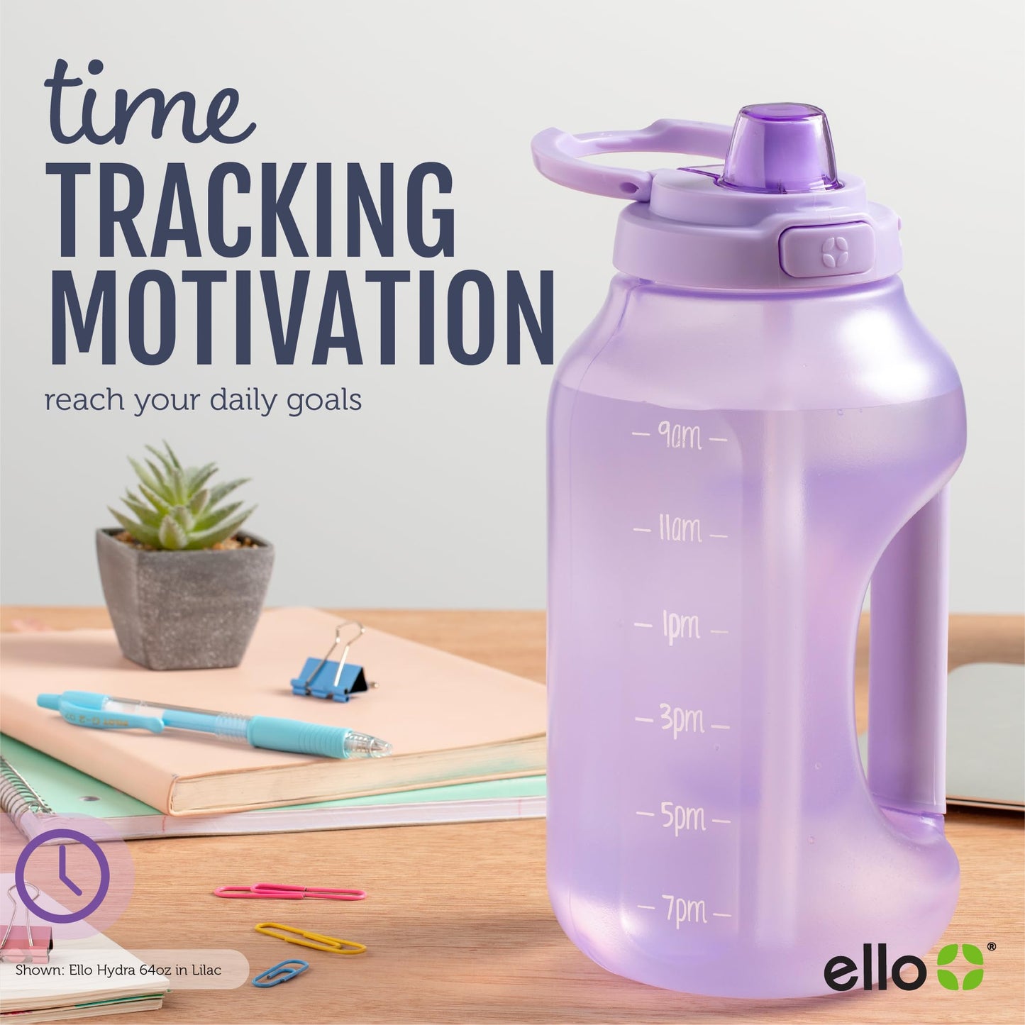 Ello Hydra 64oz Half Gallon Water Jug with Handle and Motivational Time Markers for All Day Hydration, Plastic Reusable Water Bottle with Straw and Locking, Leak Proof Lid, BPA Free, Grey