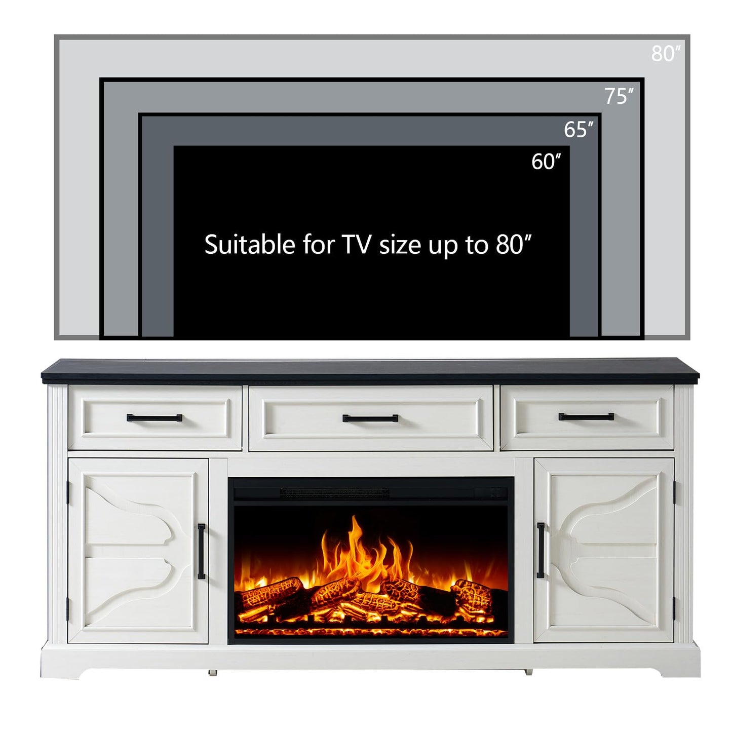 AMERLIFE 70" Farmhouse Fireplace TV Stand, Entertainment Center Table with 30'' Electric Fireplace, TV Console with Storage Cabinet Drawer for TVs Up to 80", Distressed White