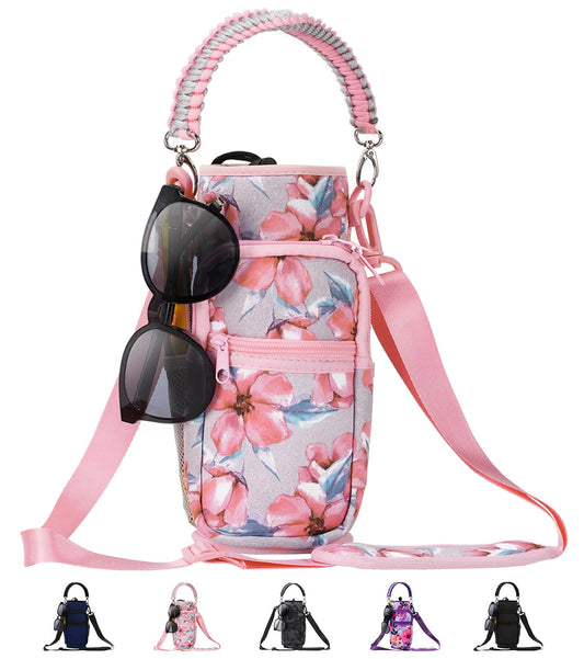 AceTreker Water Bottle Holder with Strap 32oz 40oz Metal Water Bottle Sleeve with 4 Pocket Sport Water Flask Carrier Sling Bag with Paracord Handle for Gym Walking Hiking-Pink Flowers